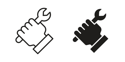 Fototapeta premium Hand holding wrench icon element for graphic designs. line and flat symbols