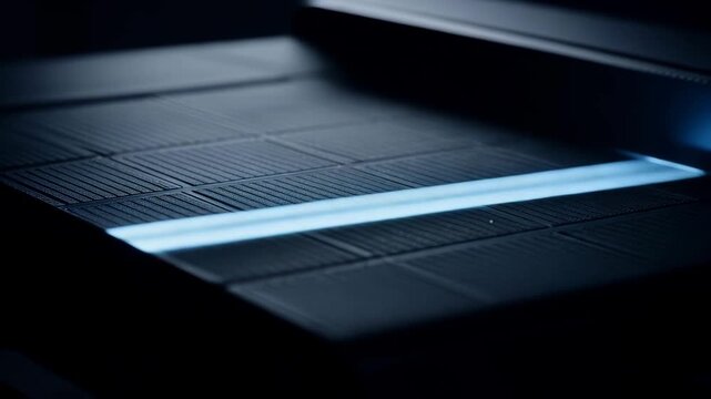 Stylized precise light beam scanning across textured dark surface in grid pattern