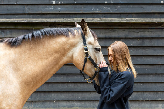 Young woman stroking her horse