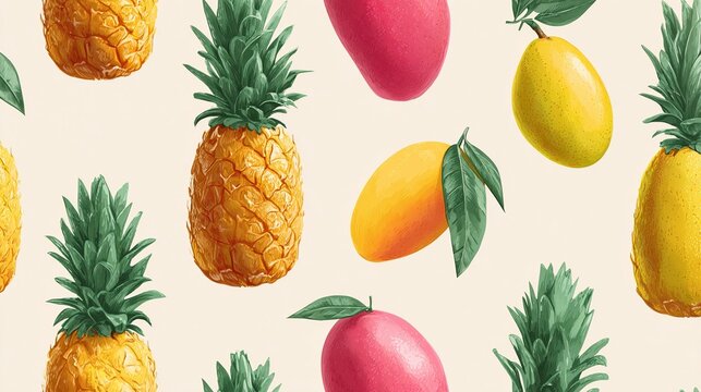 Tropical fruit pattern with pineapple and mango