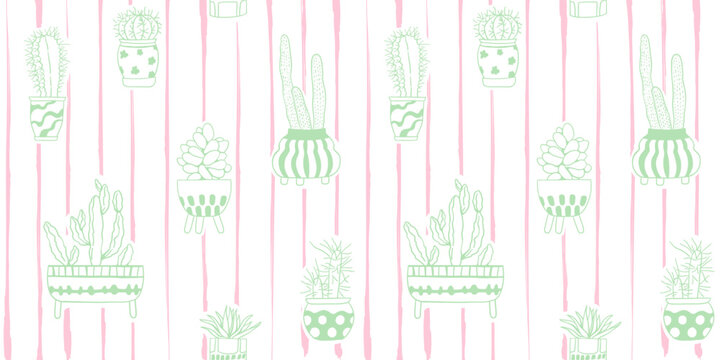 Hand drawn cactus and succulent pattern with doodle houseplants in decorative pots on soft striped background. Minimal line art botanical design Modern seamless print for fabric, packaging, home decor
