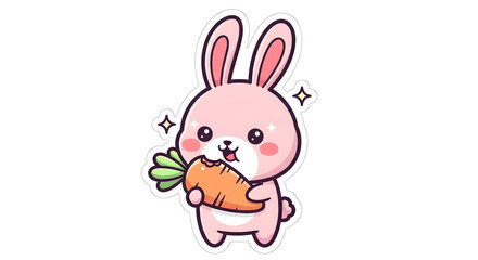 Obraz premium Cute pink cartoon bunny rabbit holding a fresh carrot, happy and playful illustration