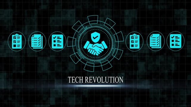 Tech Revolution Concept with Handshake and Checkmarks on Dark Background technology innovation
