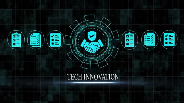 Tech innovation concept with handshake and checkmark on a dark background with grid pattern technology