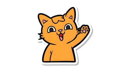 Obraz premium Cheerful orange cartoon cat waving hello with a warm smile, an adorable and friendly pet character sticker perfect for fun designs and children's content