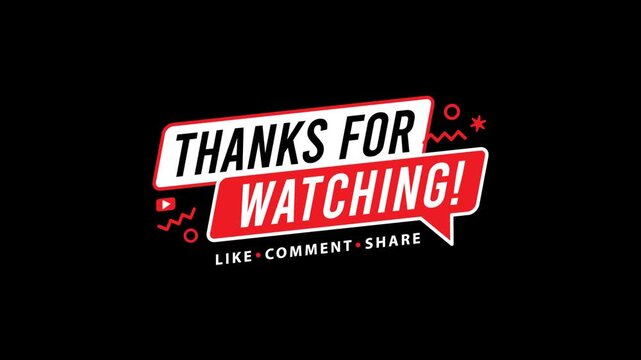 Thanks for watching text animation video isolated on black background for closing credits text. Thank you for watching animated youtube outro like comment share subscribe call to action text animation