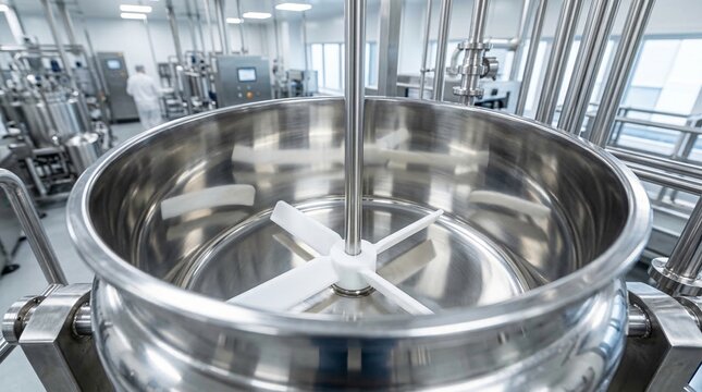 Large stainless steel mixing vessel with white agitator blades in a clean industrial facility