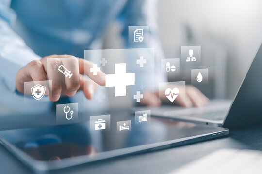 Health insurance concept, healthcare policy, medical coverage, and life  protection. Customer choosing insure online, and Medical service