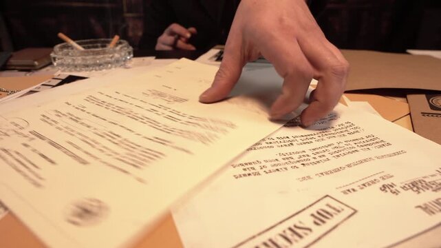 Detectives Checking Documents of Criminal Investigation Case, Top Secret Classified Files on Desk
