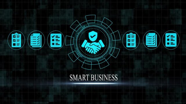 Smart business concept with handshake and checkmark on a dark background with grid pattern representing partnership agreement and successful deal