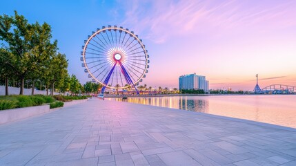 A summer sale banner with a Ferris wheel lit up at dusk, carnival excitement vibe, copy space included,