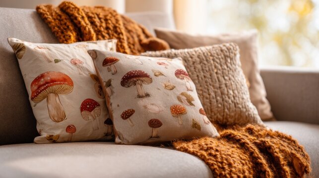 Cozy autumn sofa with mushroom print pillows and warm knit blanket in sunlit living room