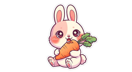 Obraz premium Cute Kawaii Bunny Rabbit Holding a Big Carrot - Adorable Illustrated Animal Character