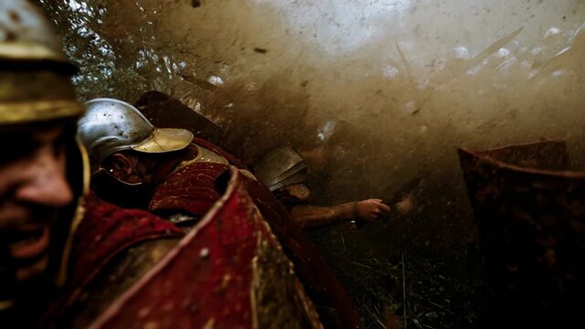 Armored fighters colliding in explosive battlefield impact as shields and swords crash together in muddy forest combat scene filled with chaos and flying debris