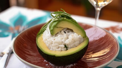 Avocado half filled with sushi rice on dining table near wine glass