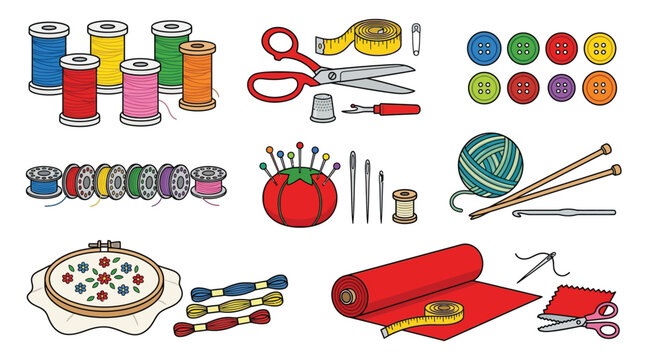 Colorful sewing and crafting supplies arranged on a white background