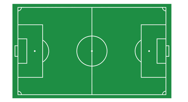 Aerial view of a green soccer field with white markings