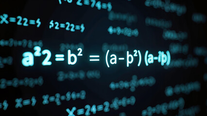 Obraz premium Stock Image SEO Specialist mathematical formulas and complex equations displayed in glowing blue typography on a dark background highlighting scientific research and academic excellence.