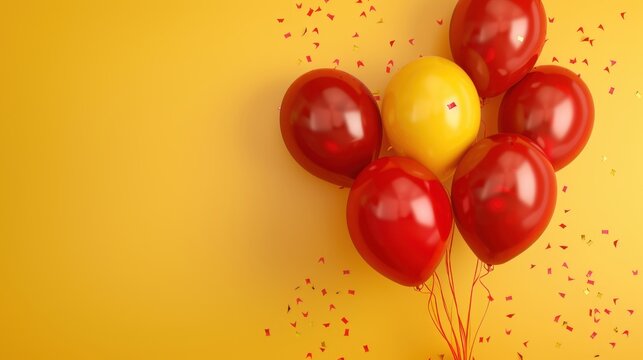 Cluster of red and yellow balloons tied on yellow background