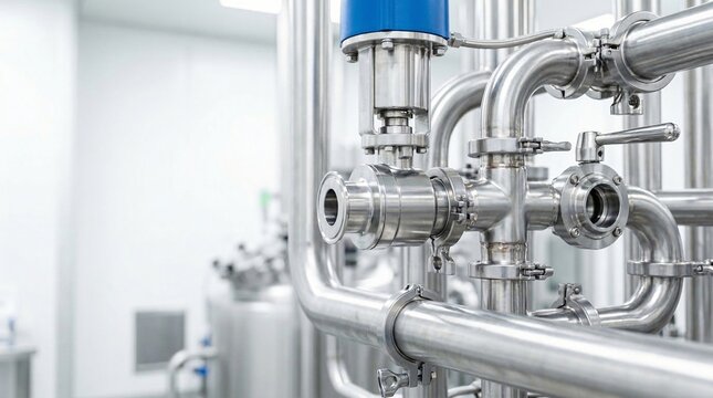 Intricate stainless steel pipes and valves in a clean industrial setting