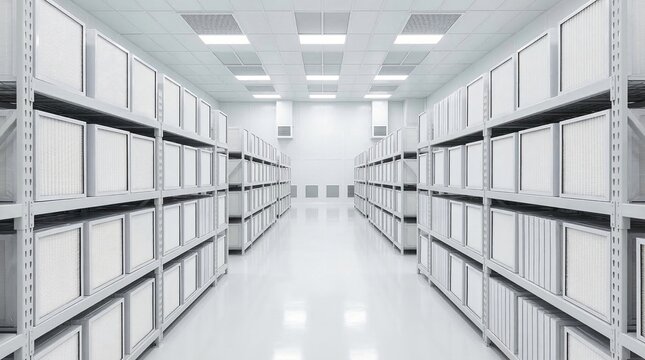 Rows of cleanroom air filters on shelves in a sterile white storage facility