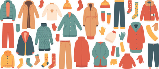 Assortment of winter clothing and accessories in a flat design style apparel fashion © MdZabed