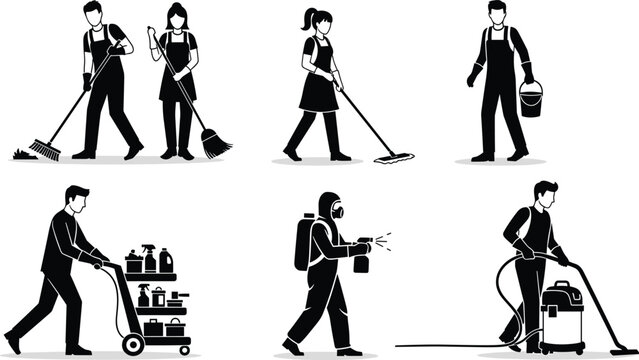 Cleaning service workers silhouettes set, janitors sweeping mopping disinfecting vacuuming, professional housekeeping staff vector illustration collection isolated