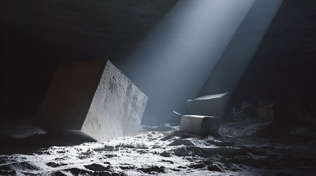 Lunar regolith transforming into geometric bricks under beams of concentrated sunlight.