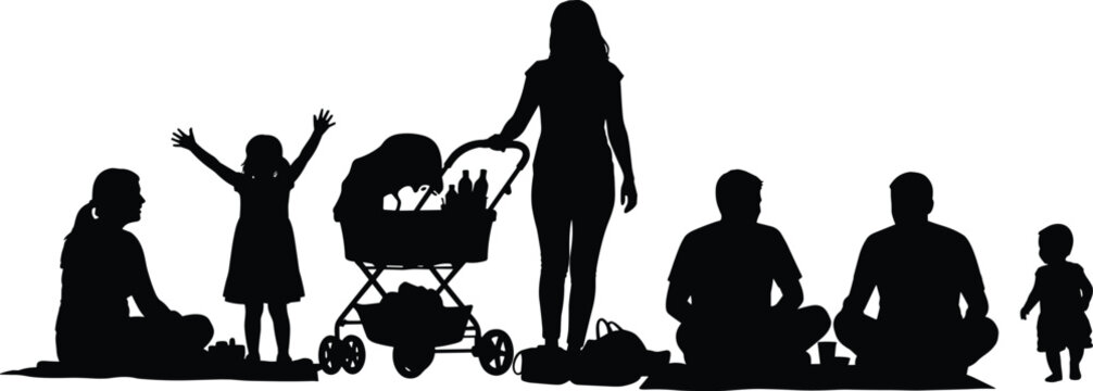 Family silhouettes collection, parents with children and baby stroller, happy family outdoor activity scene vector illustration isolated set