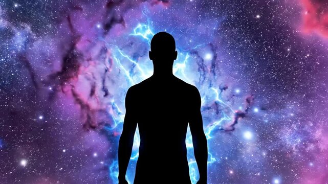 A silhouette of a man stands against a vibrant, cosmic background with shades of purple, blue, and pink