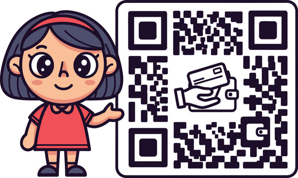 Qr code scanner guide with cartoon girl illustration