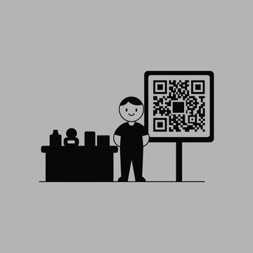 Qr code scanning payment concept with cartoon character