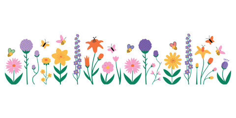 Colorful Spring Flowers and Flying Insects Border Design floral summer