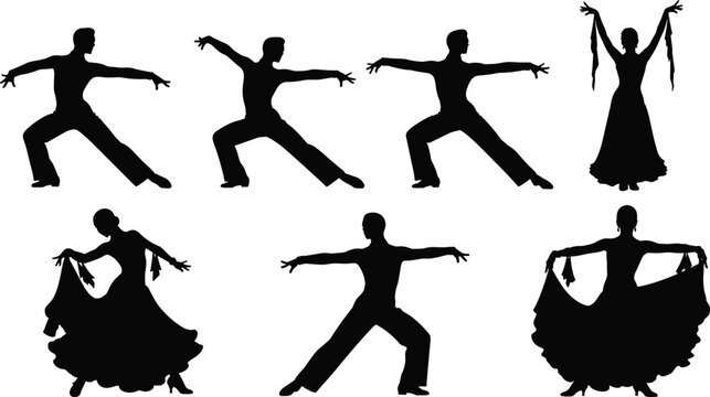 Flamenco dancers silhouettes set, Spanish dance performance poses, traditional cultural dance illustration, passionate movement, isolated black figures collection