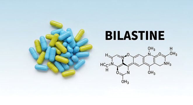 Bilastine pills and chemical structure formula
