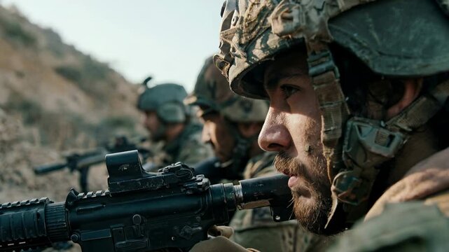 Modern infantry soldiers aiming rifles from defensive position capturing focus discipline and coordination during high tension battlefield engagement