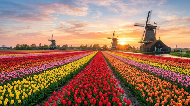 Vibrant Tulip Fields with Windmills at Sunset in a Dutch Landscape Scene