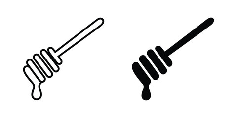 Simple honey dipper spoon with dripping honey icon set, minimal line and flat style icons representing honey, kitchen tools, and culinary design © MONY