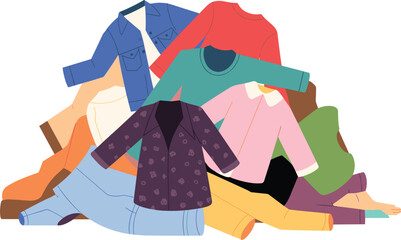 Pile of colorful assorted clothing items including shirts pants and jackets on white background Keywords: pile of clothes