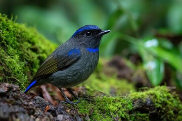 Fototapeta premium Small blue bird on mossy rock.