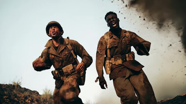 Two soldiers running across battlefield terrain during chaotic firefight illustrating urgency teamwork and survival instinct in combat