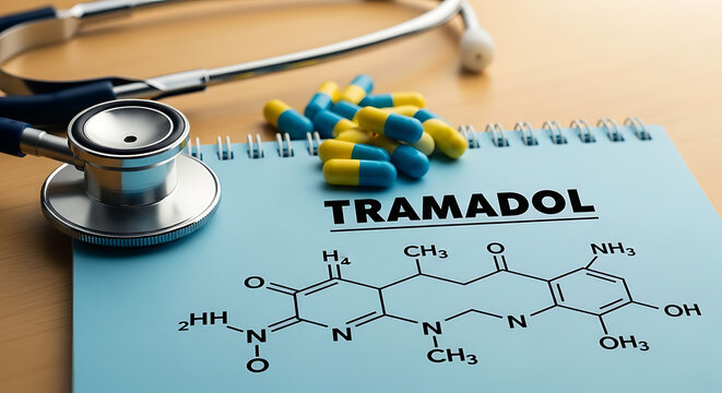 Tramadol pills and stethoscope on medical notebook with chemical formula