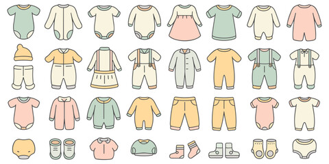 Variety of baby clothing and accessories in soft pastel tones laid out baby clothes infant wear