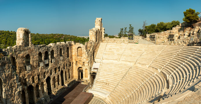 From the Acropolis view over the city and the Odeon of Herodes Atticus Theater (Herodeon), Athens Greece.