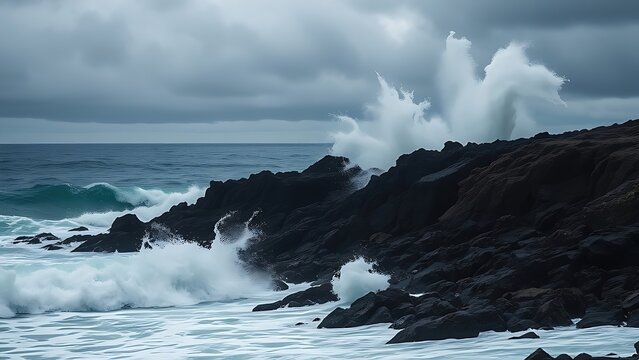 libertarianism. Ocean waves crashing against a dark rocky coastline with a stormy sky. travel magazines, destination branding, designed for outdoor magazines and nature guides.