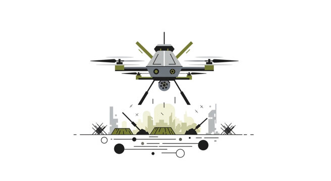Futuristic Drone Deploying Explosives over a Cityscape, Advanced Military Technology.