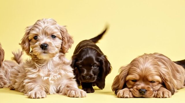 Adorable Puppies Posing Together on a Yellow Background, Studio Portrait