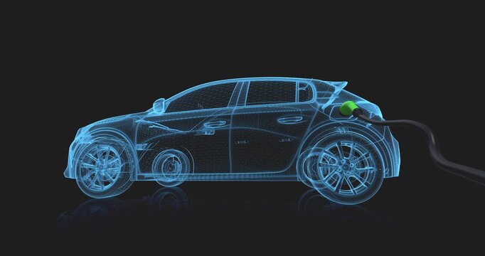 Detailed 3D model of electric vehicle battery pack and drivetrain. EV Car Internal Parts Related CG Animation.