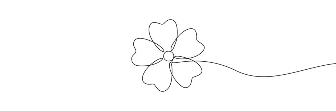Minimalist continuous one line drawing of a single flower blossom with five petals. Editable stroke outline. Draw thin linear width. Single contour art. Doodle hand drawn vector illustration