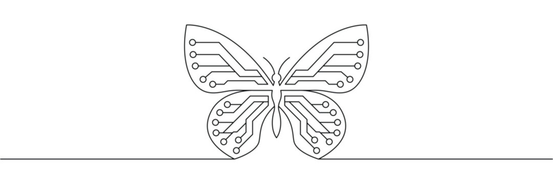 Continuous one line drawing of butterfly with electronic circuit board pattern wings for technology concept design. Editable stroke outline. Single contour art. Doodle hand drawn vector illustration